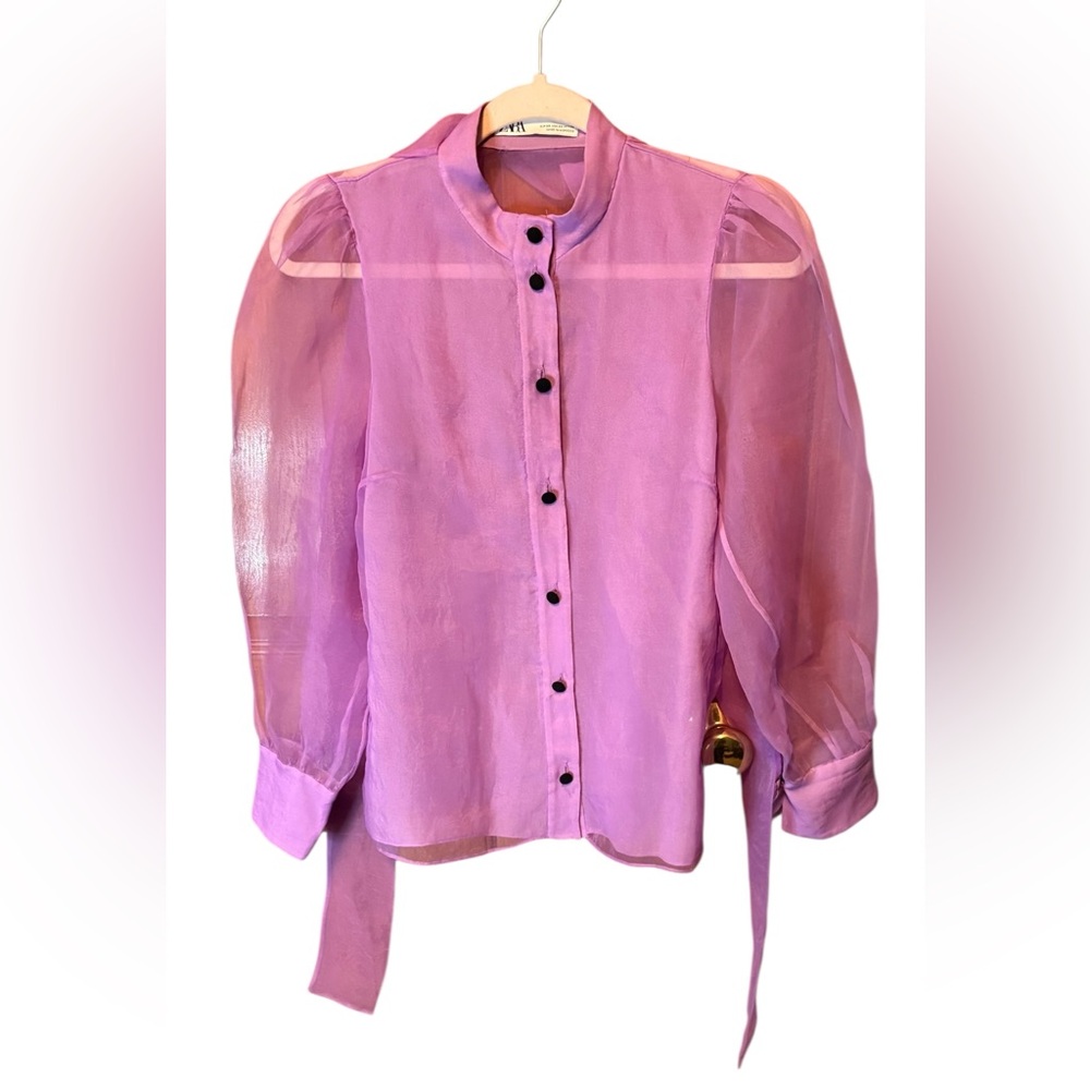 Zara Lavender Sheer Bow Tie Blouse - Picture 6 of 9